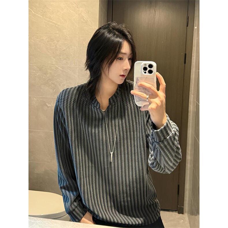美式高街千鸟格子长袖T恤男女亨利V领英伦雅痞休闲宽松长袖打底衫图片