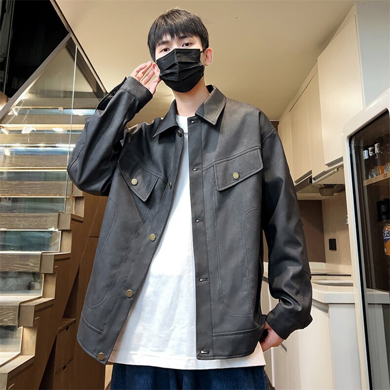 春秋机车皮衣男翻领休闲夹克潮流外套按扣茄克男A266-PY009-P50,男装夹克,电商A266