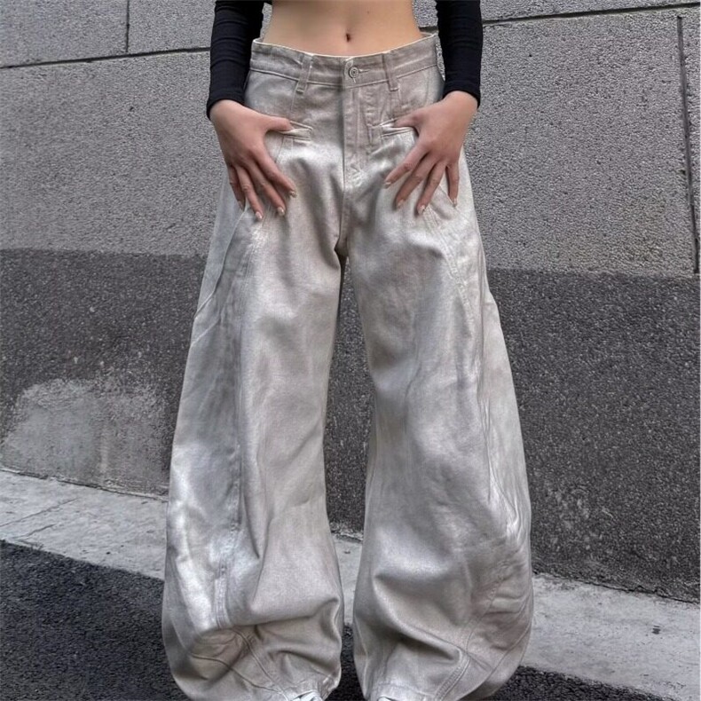 2025美式高街解构拼接设计感脏染白弯刀牛仔裤男女宽松阔腿长裤,男装牛仔裤,星座506A
