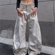 2025美式高街解构拼接设计感脏染白弯刀牛仔裤男女宽松阔腿长裤，男装牛仔裤，星座506A