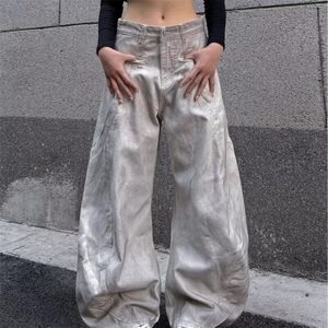 2025美式高街解构拼接设计感脏染白弯刀牛仔裤男女宽松阔腿长裤图片