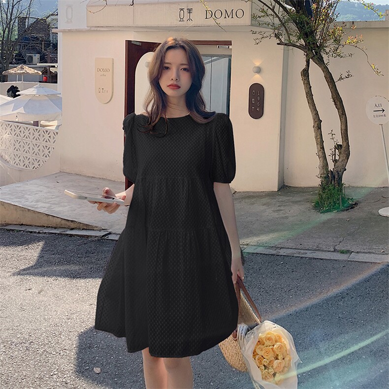 2021夏季新款女装压花泡泡袖法式连衣裙中长款,女装连衣裙,阿菲诺依