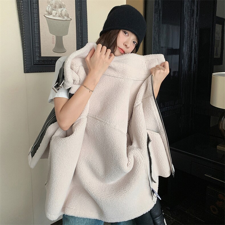黑色羊羔毛外套女秋冬加厚立领新款韩系小个子机车高级感皮毛一体,女装皮衣,2B222