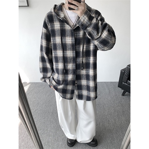 S-3XL 色织格纹连帽衬衫男宽松美复古磨毛黑白格子外套CS535P48特图片