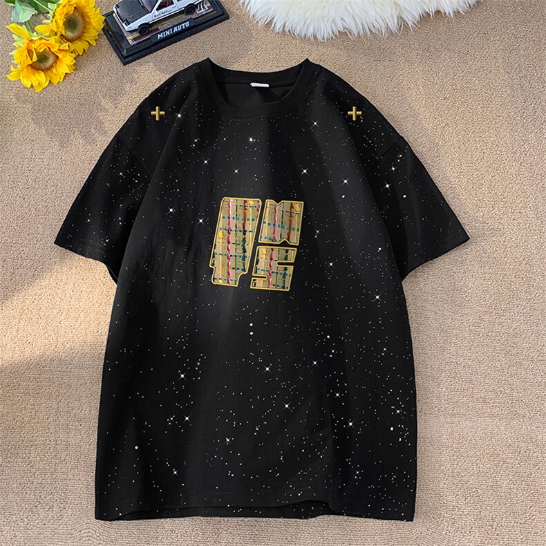 量大优供抖音视频支持得物配合二开美式满天星亮片短袖T恤MTX137,男装T恤,电商A486