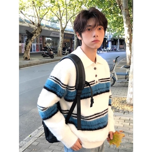美式马海毛撞色条纹毛衣男冬季内搭毛线衣青少年高级感外套MZ21图片