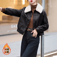 现货海宁f仿真皮皮衣女加绒加厚短款2024冬季新款女士宽松皮外套，女装皮衣，美拉德工厂直营店
