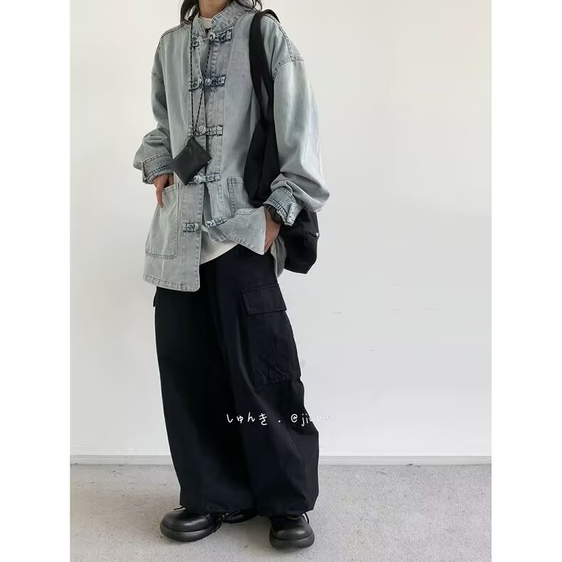 新中式复古盘扣牛仔衬衫男女款秋季宽松蓝色中性百搭立领休闲外套,男装衬衫,星座218-1（原230）