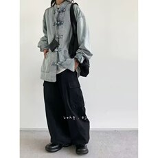 新中式复古盘扣牛仔衬衫男女款秋季宽松蓝色中性百搭立领休闲外套，男装衬衫，星座218-1（原230）