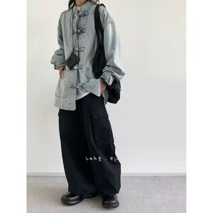 新中式复古盘扣牛仔衬衫男女款秋季宽松蓝色中性百搭立领休闲外套图片