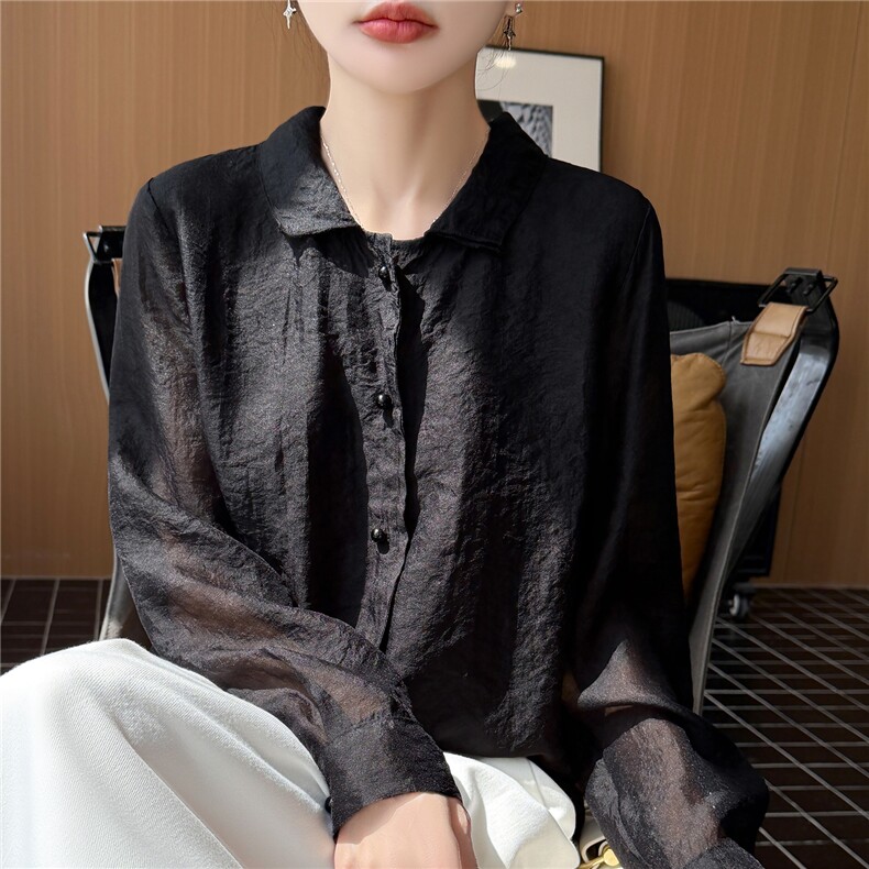 人丝纱翻领衬衣长袖2026年夏季女,女装衬衫,圣丽羊绒