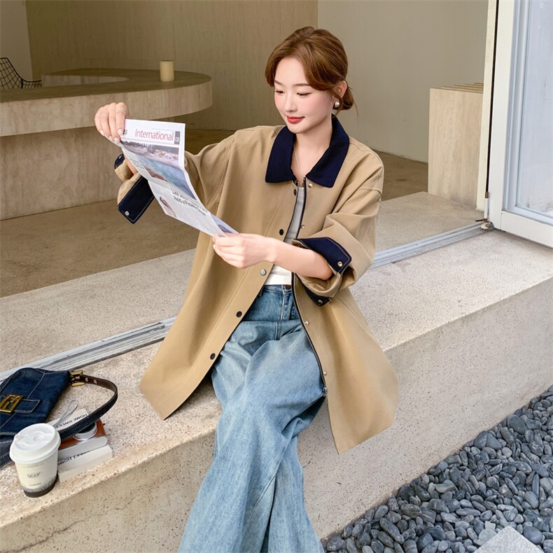设计感撞色拼接卡其色风衣外套女春秋2025新款爆款高级感显瘦大衣,女装风衣,1D103