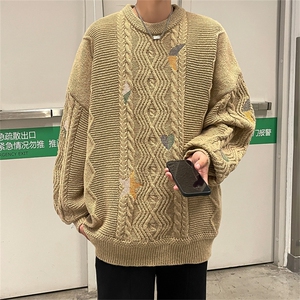 M8175/P70冬季麻花刺绣针织衫宽松潮牌圆领慵懒温柔粗针织衫毛衣图片