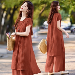 (加码到XXXXL)天丝套装女2026夏季新款宽松时尚遮肉阔腿裤两件套图片