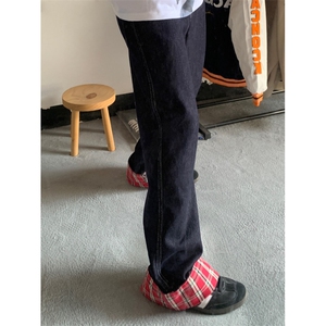 【有货】美式格子拼接卷边牛仔裤男女阔腿裤子NZ011LL-特P48图片