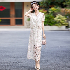 小香风蕾丝套装裙女2024夏新款甜美名媛气质钉珠上衣半身裙两件套，女装套装/套裙，众宇琦