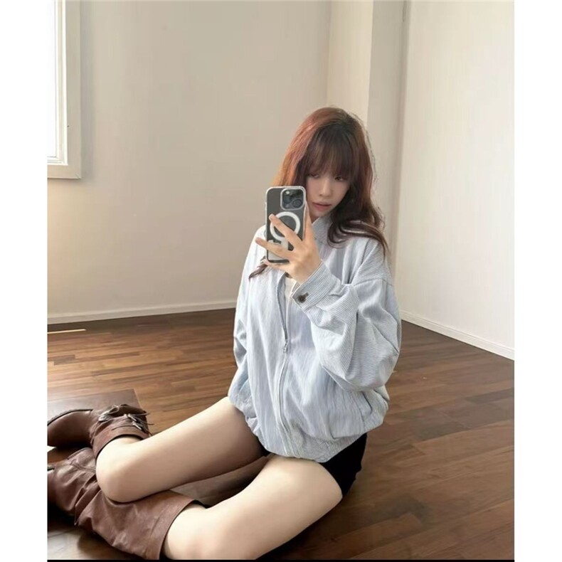 蓝白条纹衬衫夹克男款秋季潮牌cleanfit短款翻领棒球服高级感外套,男装夹克,星座1210-1