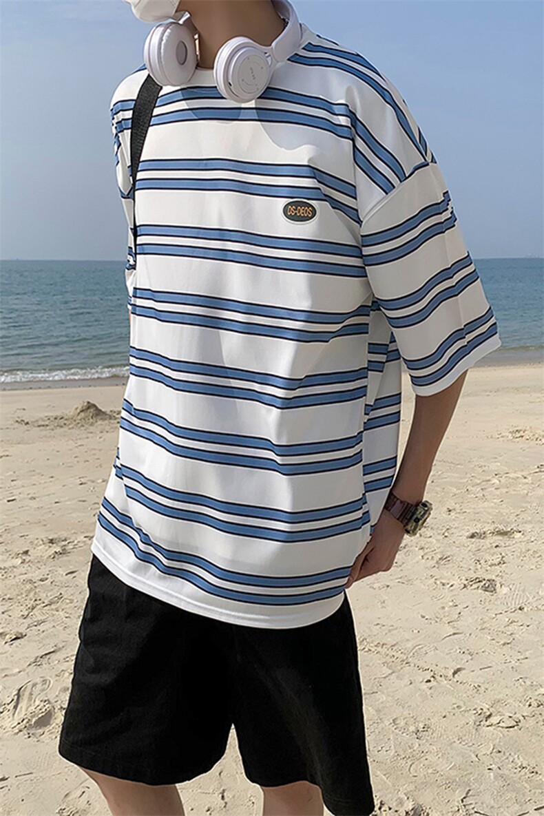 2023夏季新潮ins条纹中性风圆领男宽松透气短袖T恤,男装T恤,电商A161-2