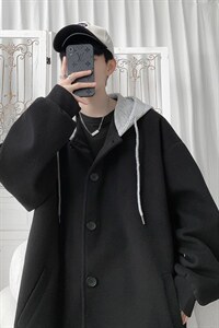 N6108/P95秋冬新款连帽假两件中长款毛呢大衣男风衣大码呢料上衣图片