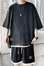 2025夏季新款旋律风车大码假两件冰丝短袖套装M-5XHQ25574-P60，男装休闲套装，电商A022
