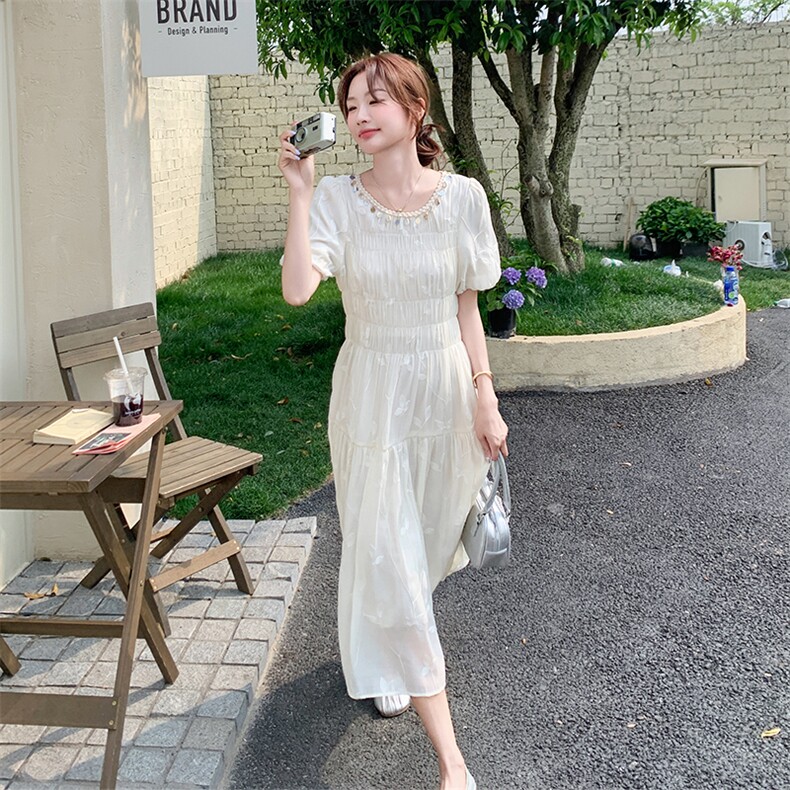 法式初恋温柔风连衣裙女2025夏新款收腰显瘦重工刺绣蕾丝白色裙子,女装连衣裙,2C126