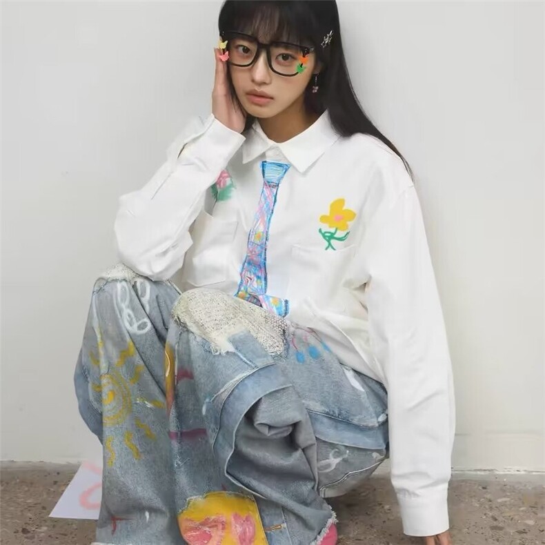 美式复古创意设计感蜡笔手绘领带衬衫趣味学院风涂鸦衬衣男女,男装衬衫,星座1210-1