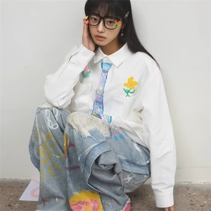 美式复古创意设计感蜡笔手绘领带衬衫趣味学院风涂鸦衬衣男女