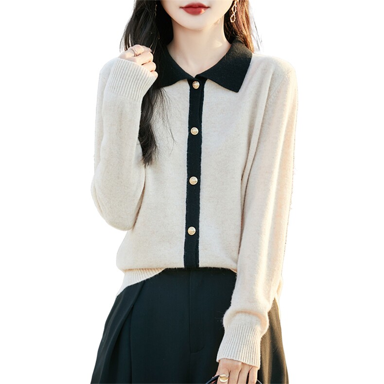 小香风100%纯羊毛开衫女POLO领拼色针织外套上衣宽松羊绒毛衣衬衫,女装羊毛衫,蒙特羊绒