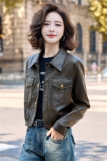 2025秋季新款现货时尚潮流舒适高级感显瘦皮衣外套，女装皮衣，1C078