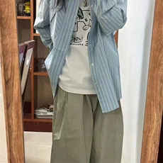 蓝青色条纹衬衫女2025新款宽松休闲显瘦薄款衬衣开衫外穿潮流，男装衬衫，星座506A