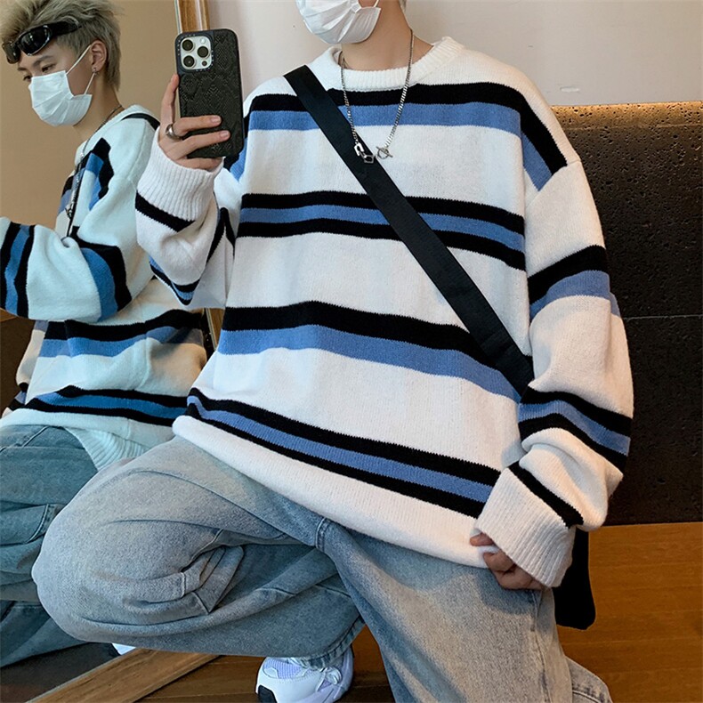 M9106/P60秋冬新款圆领毛衣男百搭简约潮宽松条纹打底针织衫,男装T恤,电商A141