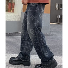 满印提花牛仔裤男秋季美式高街vibe直筒宽松阔腿潮牌痞帅炸街裤子，女装休闲裤，星座218-8
