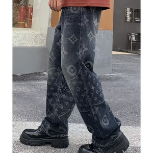 满印提花牛仔裤男秋季美式高街vibe直筒宽松阔腿潮牌痞帅炸街裤子图片