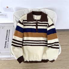 秋冬日系复古慵懒风宽松软糯拼色条纹POLO领针织衫毛衣MY309-P65，男装针织衫/毛衣，星座308B-2