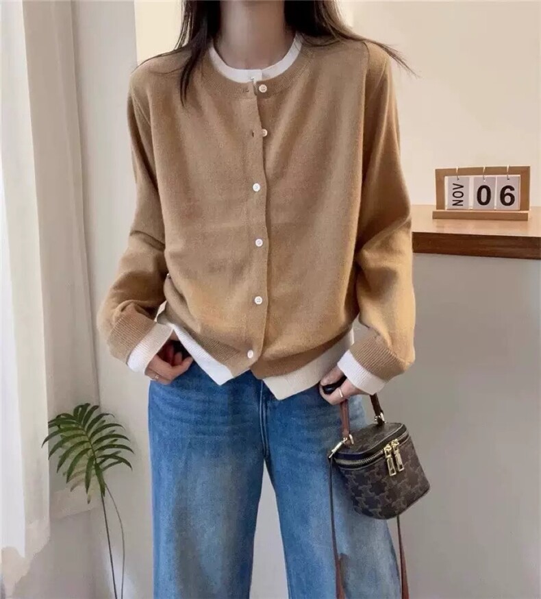 时尚女士秋冬纯毛假两件羊毛开衫显瘦百搭红色针织外套,女装羊毛衫,梵泰羊绒
