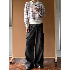 老钱风红白格纹复古针织衫polo领cleanfit长袖百搭MY2591批68，男装针织衫/毛衣，星座1411A-6
