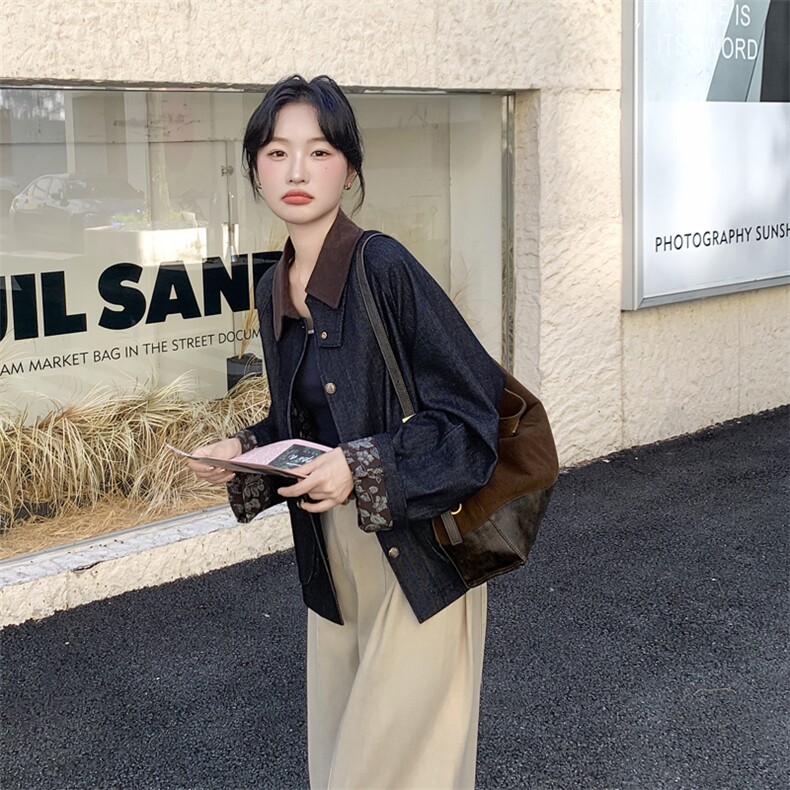 深蓝色复古撞色翻领牛仔短外套女2025秋季小个子气质休闲夹克上衣,女装短外套,2C092