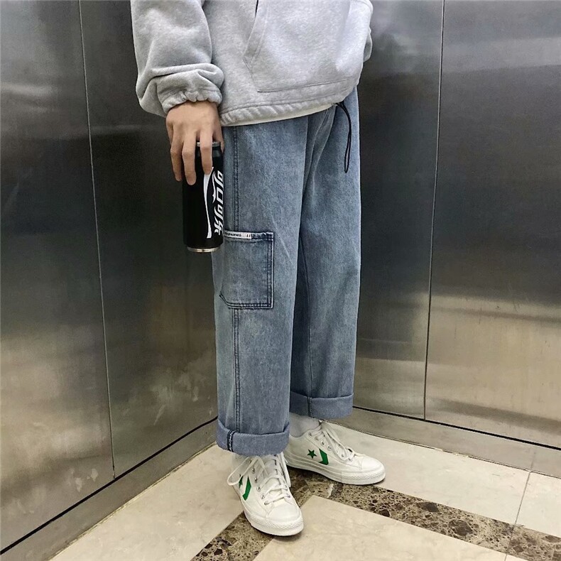 ins港风潮流老爹阔腿裤男士潮牌直筒牛仔裤复古休闲工装裤k52-p35图片
