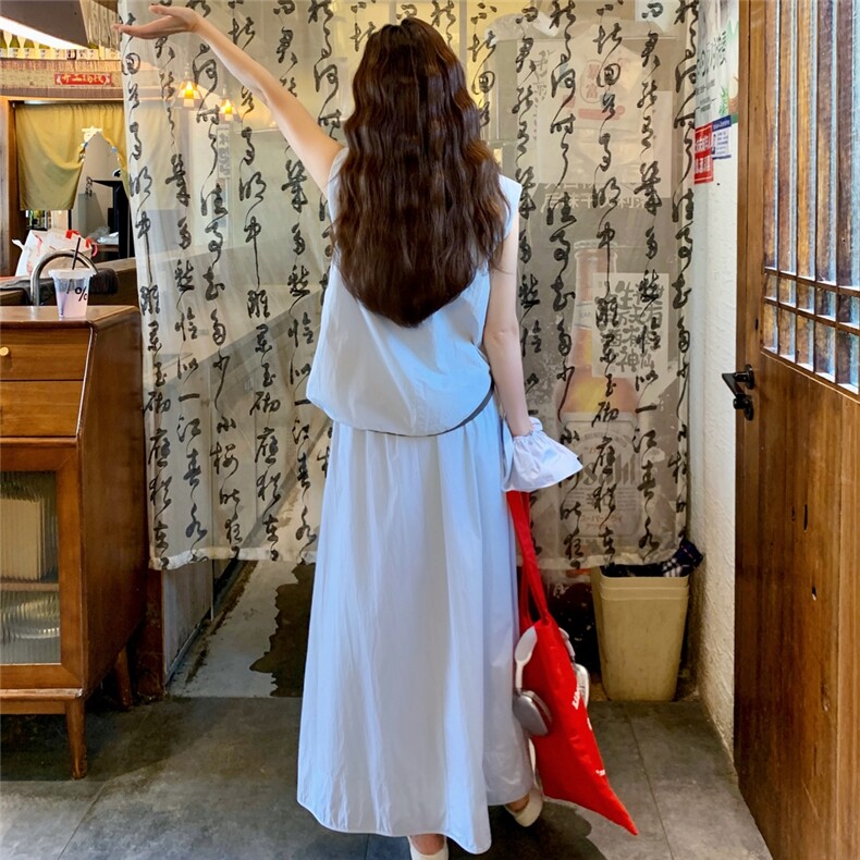 蓝色韩版气质百搭显瘦无袖上衣半身裙两件套装女学院风一整套,女装套装/套裙,维壹