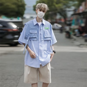 痞帅休闲短袖衬衫男设计感外套日系宽松衬衣条纹港风寸衫MC39-p42图片