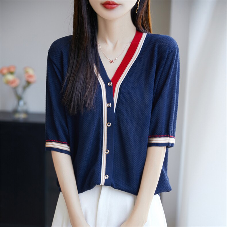 撞色冰丝针织V领假开衫短袖T恤女2025夏新款时尚宽松休闲气质上衣，女装针织衫/毛衣，源达羊绒