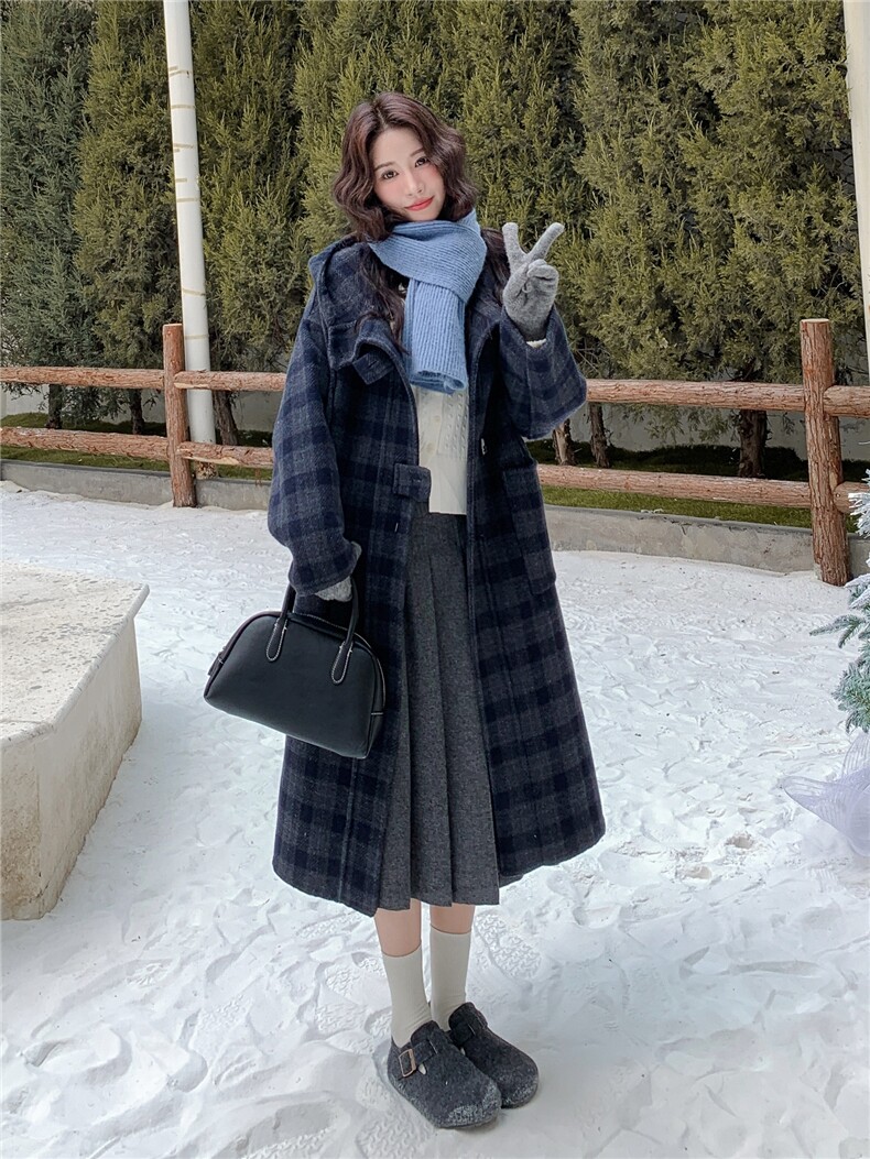 牛角扣格纹连帽双面呢大衣女2025冬新款复古学院风小个子毛呢外套,女装毛呢外套,慧尚2-185
