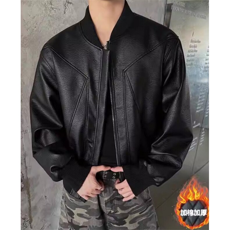 秋冬新款男士皮衣夹克新款黑色外套圆领修身时尚加绒JK641,男装夹克,星座1116A（原606A-3）