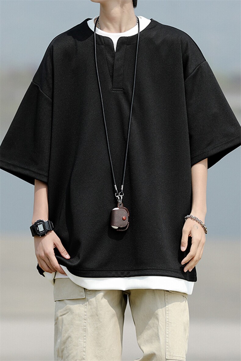 8XL-M重磅斜纹假两件短袖t恤男夏季薄款宽松大码半袖体恤DT006P45,男装T恤,电商B312