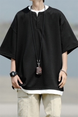 8XL-M重磅斜纹假两件短袖t恤男夏季薄款宽松大码半袖体恤DT006P45，男装T恤，电商B312