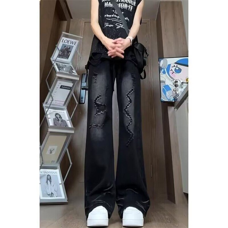 设计感破洞牛仔裤男春秋夏季美式高街vibe裤子小众修身直筒微喇裤,男装牛仔裤,星座506A