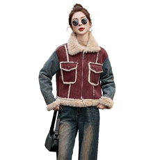 牛仔拼接羊羔毛外套女短款2024冬新款小个子时尚皮毛一体保暖棉服，女装皮草，采品优优