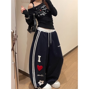 美式爱心字母弯刀卫裤女男秋季新款街舞嘻哈运动裤条纹阔腿休闲裤