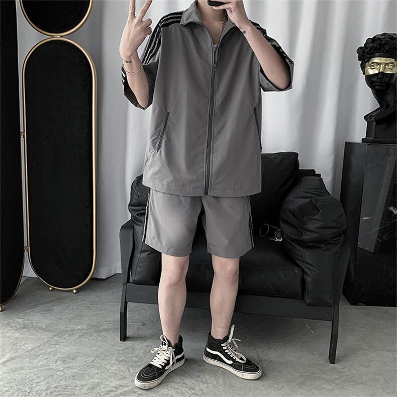 运动服装男套装短裤两件套洋气百搭情侣装三条杠601-1-TZ33,男装休闲套装,星座601-1
