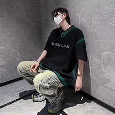 美式街头t恤潮牌欧美vintage扎染渐变垫肩短袖重磅金属印花半袖男，男装T恤，星座601-2